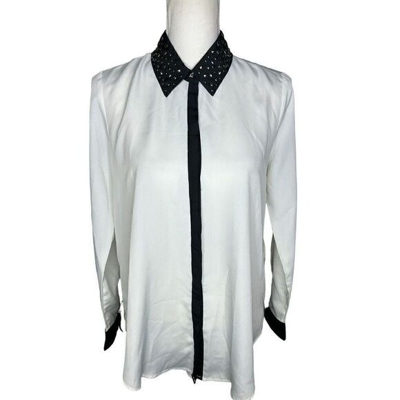 Rock and Republic Button Up Blouse White And Black Studded Collar Sz M - Picture 1 of 6
